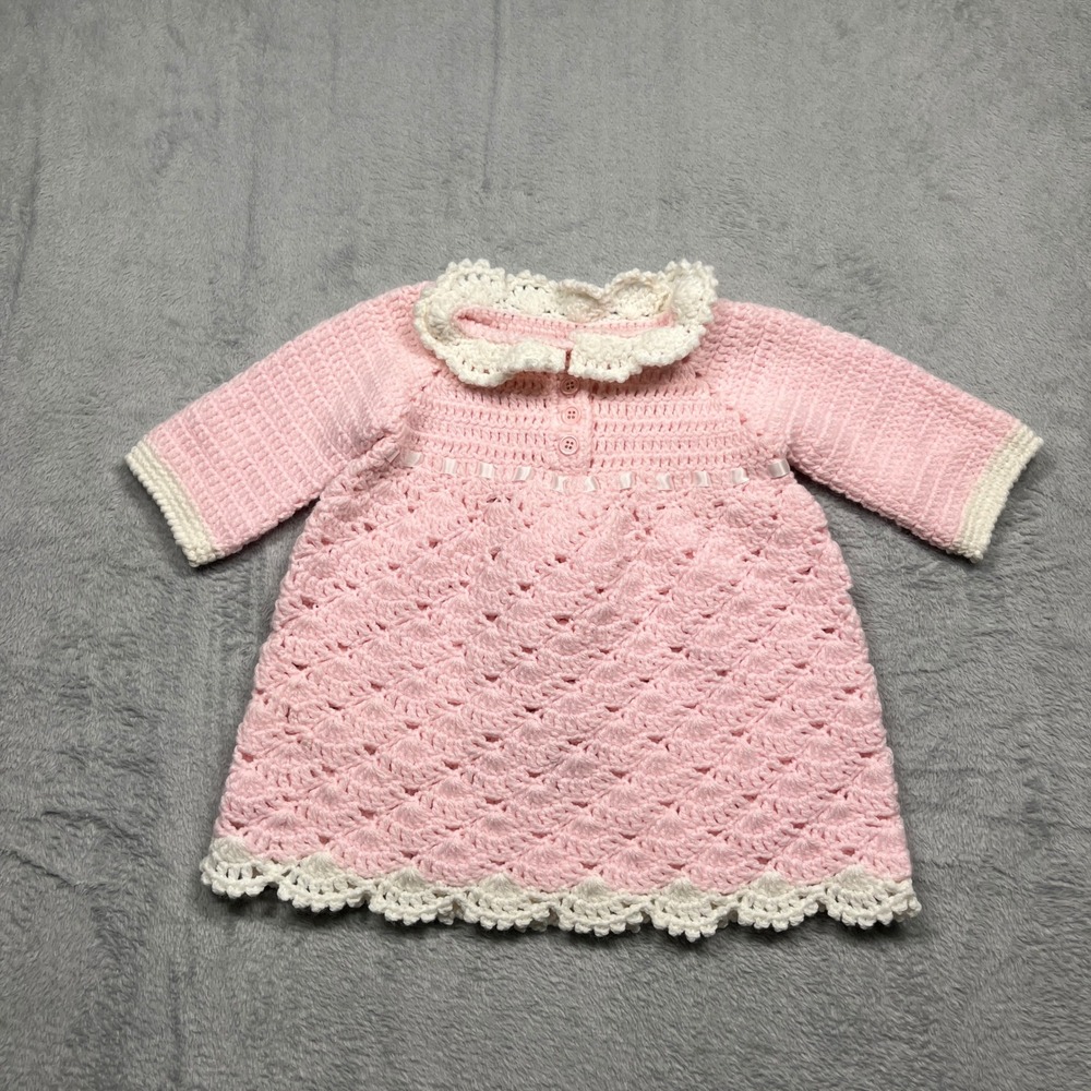 Handmade Crochet Dress Baby Size 6-12M Pink Shell Stitch Ruffle Ribbon Trim